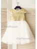 Cap Sleeves Gold Sequin Ivory Tulle Knee Length Flower Girl Dress